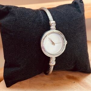 Silver Twist Bangle Bezel Watch, Quartz, White Face Watch, Adjustable